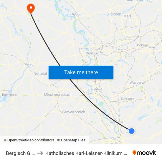 Bergisch Gladbach (S) to Katholisches Karl-Leisner-Klinikum Wilhelm-Anton-Hospital Goch map