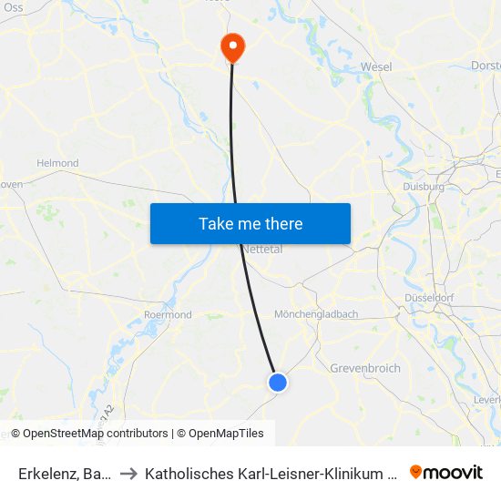 Erkelenz, Bahnhof (Bus) to Katholisches Karl-Leisner-Klinikum Wilhelm-Anton-Hospital Goch map