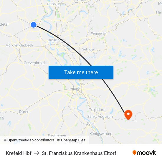 Krefeld Hbf to St. Franziskus Krankenhaus Eitorf map