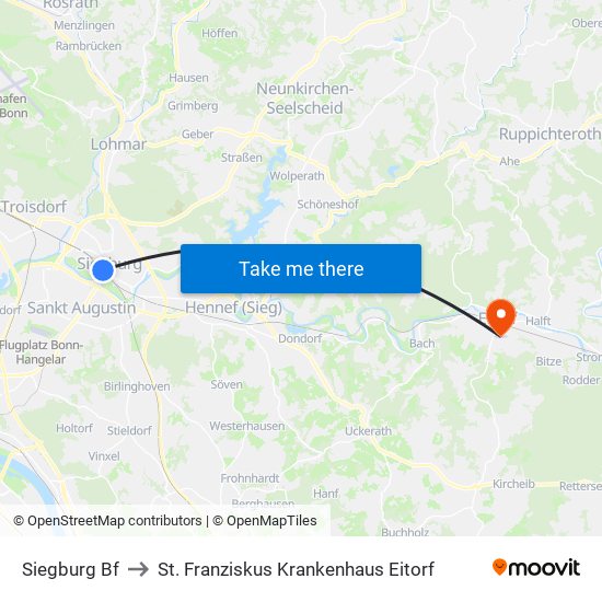 Siegburg Bf to St. Franziskus Krankenhaus Eitorf map