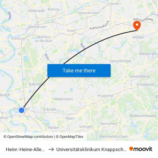 Heinr.-Heine-Allee U - Düsseldorf to Universitätsklinikum Knappschaftskrankenhaus Bochum map