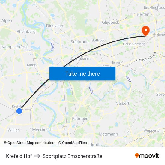 Krefeld Hbf to Sportplatz Emscherstraße map