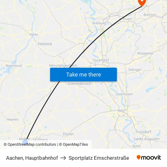 Aachen, Hauptbahnhof to Sportplatz Emscherstraße map