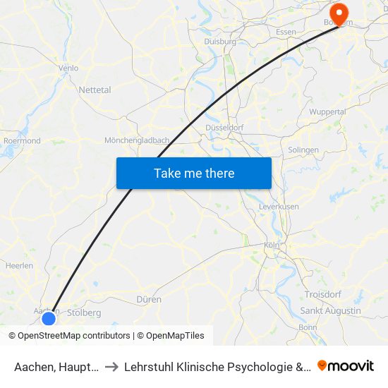 Aachen, Hauptbahnhof to Lehrstuhl Klinische Psychologie & Psychotherapie map