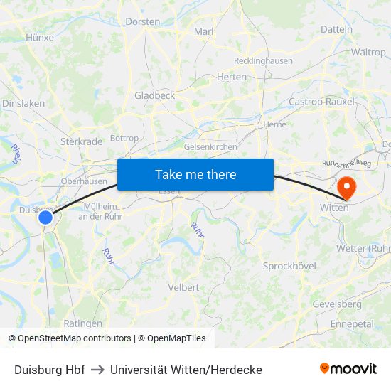 Duisburg Hbf to Universität Witten/Herdecke map