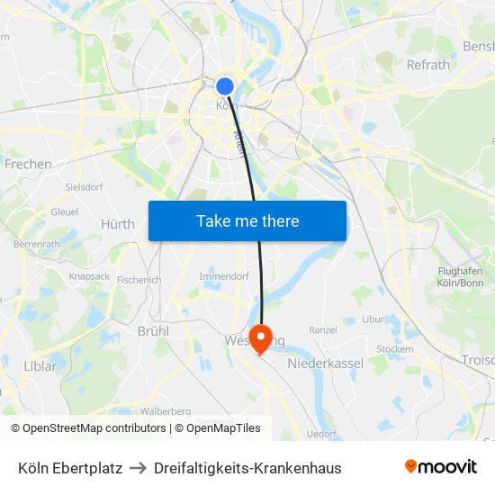 Köln Ebertplatz to Dreifaltigkeits-Krankenhaus map