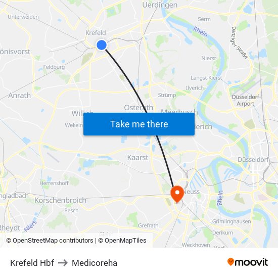 Krefeld Hbf to Medicoreha map