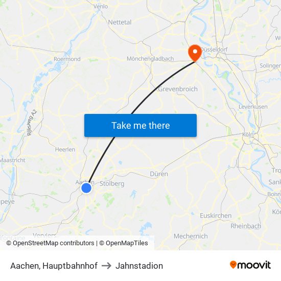 Aachen, Hauptbahnhof to Jahnstadion map