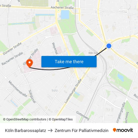 Köln Barbarossaplatz to Zentrum Für Palliativmedizin map