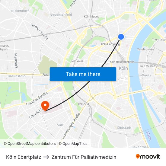 Köln Ebertplatz to Zentrum Für Palliativmedizin map