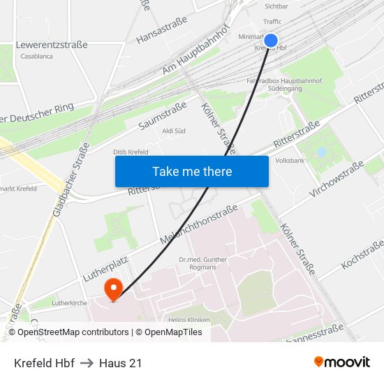 Krefeld Hbf to Haus 21 map