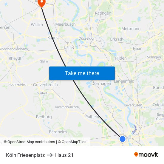 Köln Friesenplatz to Haus 21 map