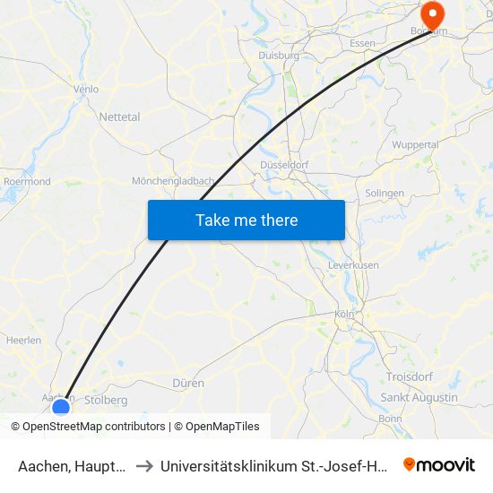 Aachen, Hauptbahnhof to Universitätsklinikum St.-Josef-Hospital Bochum map