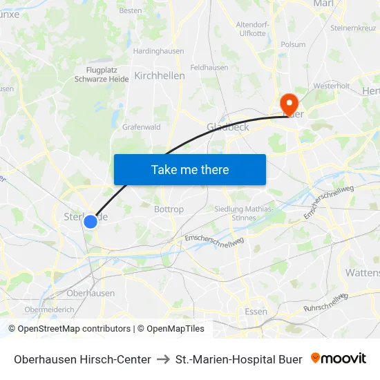 Oberhausen Hirsch-Center to St.-Marien-Hospital Buer map