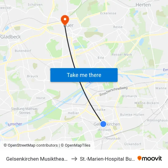 Gelsenkirchen Musiktheater to St.-Marien-Hospital Buer map