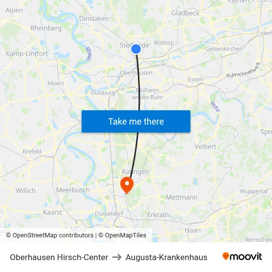 Oberhausen Hirsch-Center to Augusta-Krankenhaus map