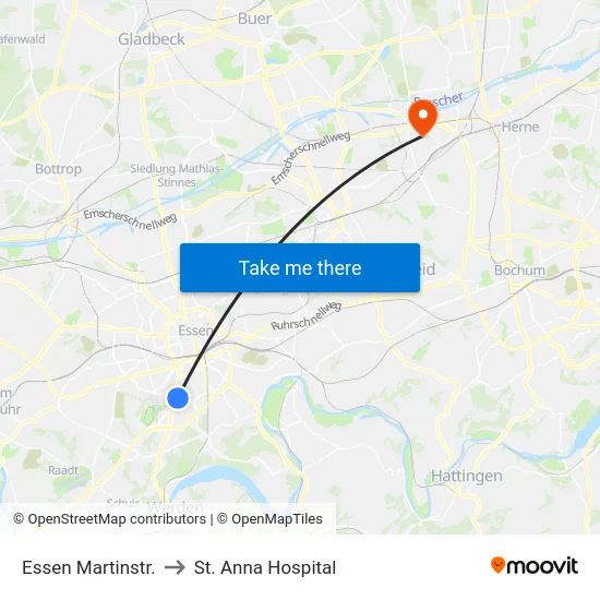 Essen Martinstr. to St. Anna Hospital map