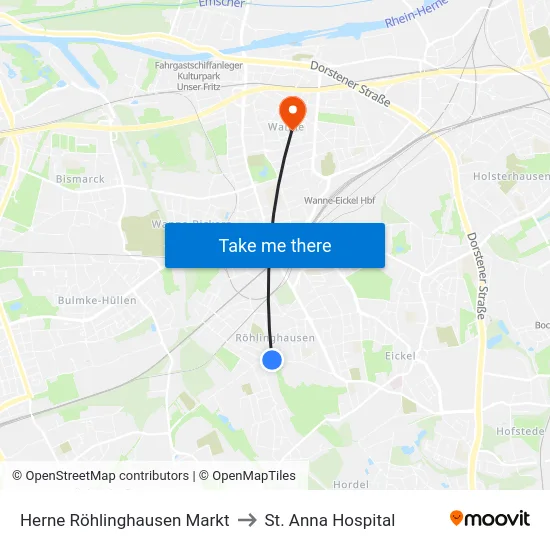 Herne Röhlinghausen Markt to St. Anna Hospital map