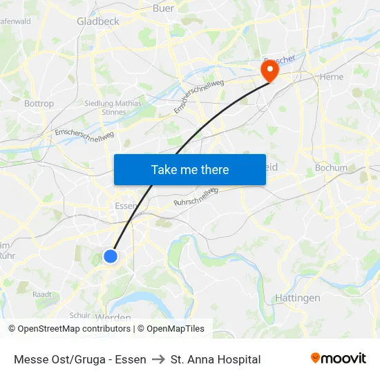 Messe Ost/Gruga - Essen to St. Anna Hospital map