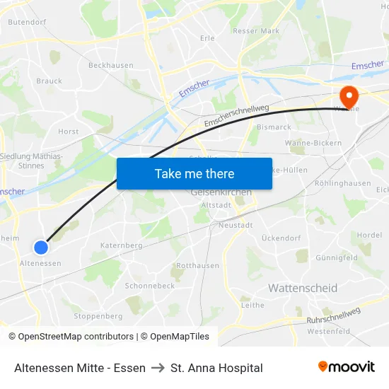 Altenessen Mitte - Essen to St. Anna Hospital map