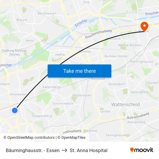 Bäuminghausstr. - Essen to St. Anna Hospital map