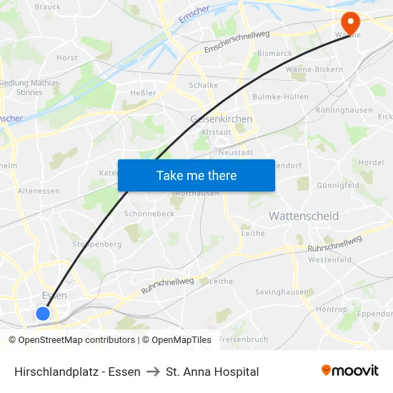 Hirschlandplatz - Essen to St. Anna Hospital map
