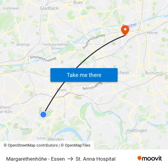 Margarethenhöhe - Essen to St. Anna Hospital map