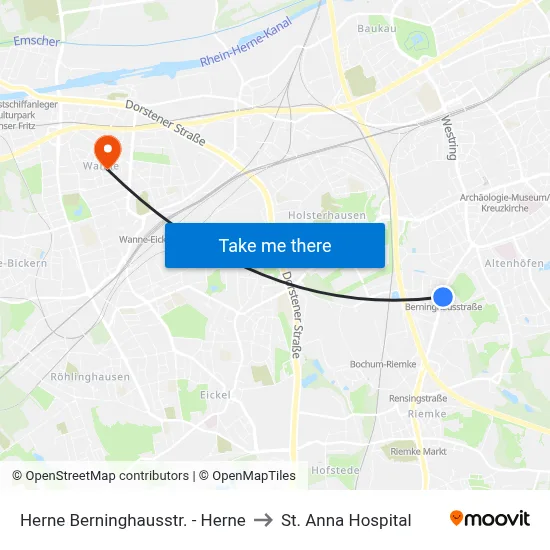 Herne Berninghausstr. - Herne to St. Anna Hospital map