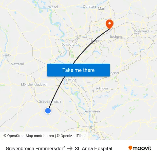 Grevenbroich Frimmersdorf to St. Anna Hospital map