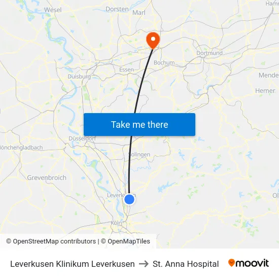 Leverkusen Klinikum Leverkusen to St. Anna Hospital map