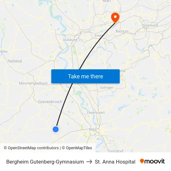 Bergheim Gutenberg-Gymnasium to St. Anna Hospital map