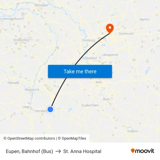 Eupen, Bahnhof (Bus) to St. Anna Hospital map