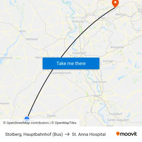 Stolberg, Hauptbahnhof (Bus) to St. Anna Hospital map