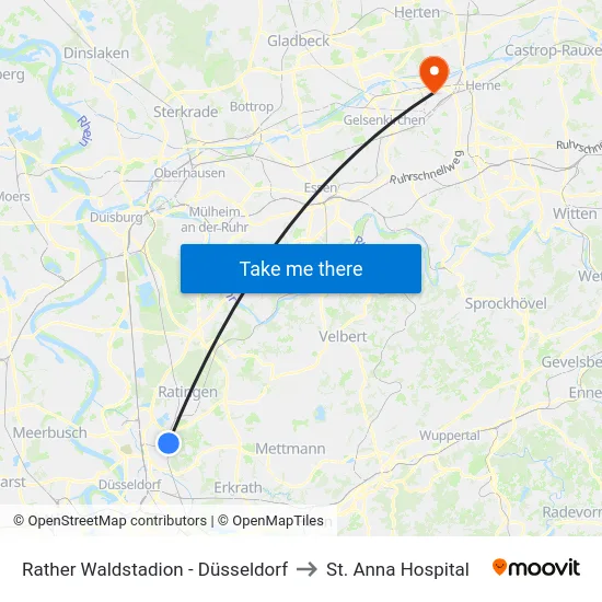 Rather Waldstadion - Düsseldorf to St. Anna Hospital map