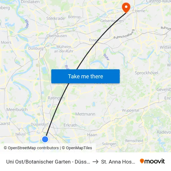Uni Ost/Botanischer Garten - Düsseldorf to St. Anna Hospital map