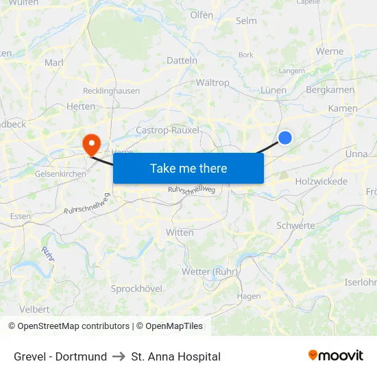 Grevel - Dortmund to St. Anna Hospital map