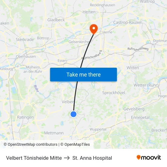 Velbert Tönisheide Mitte to St. Anna Hospital map