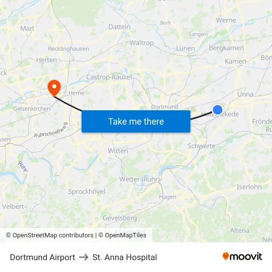 Dortmund Airport to St. Anna Hospital map