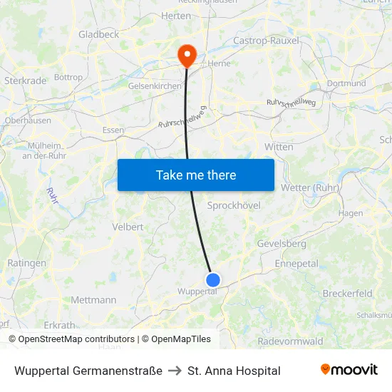 Wuppertal Germanenstraße to St. Anna Hospital map