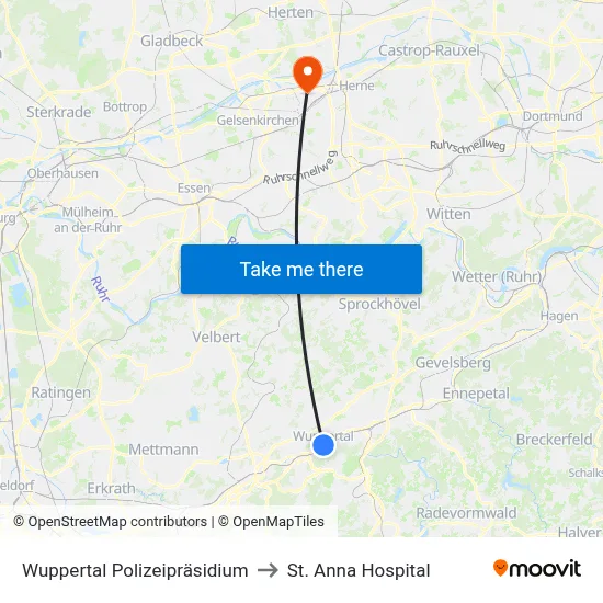 Wuppertal Polizeipräsidium to St. Anna Hospital map