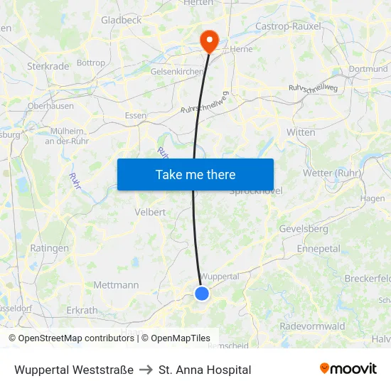Wuppertal Weststraße to St. Anna Hospital map