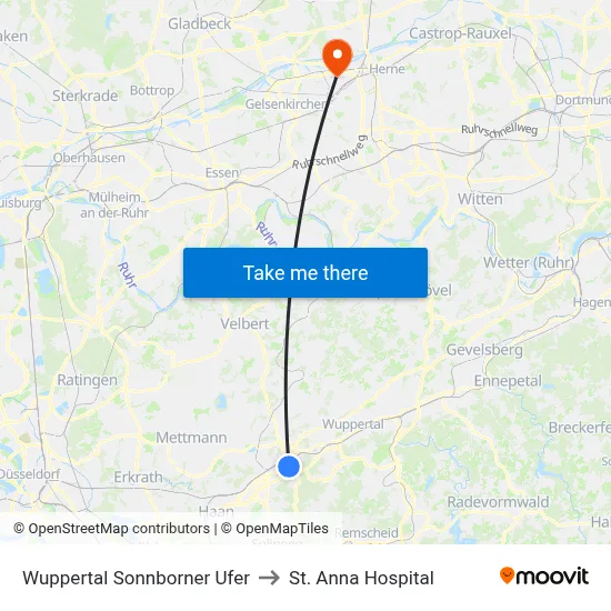 Wuppertal Sonnborner Ufer to St. Anna Hospital map