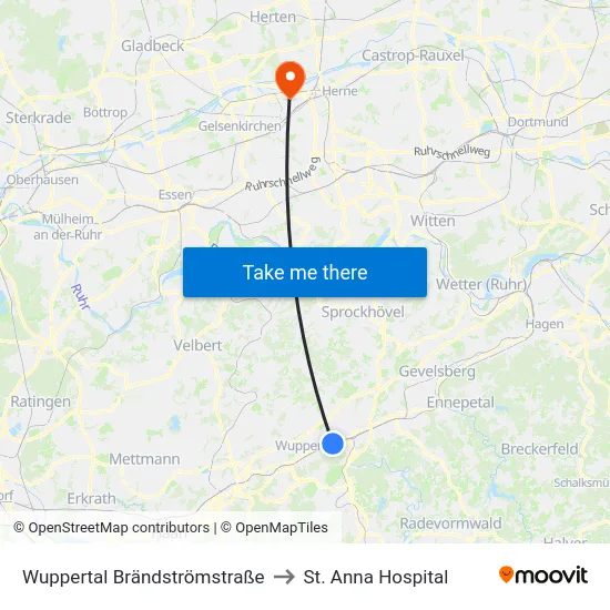 Wuppertal Brändströmstraße to St. Anna Hospital map
