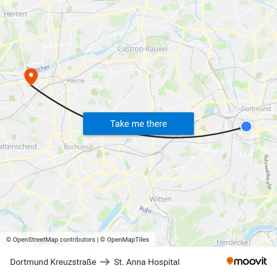 Dortmund Kreuzstraße to St. Anna Hospital map