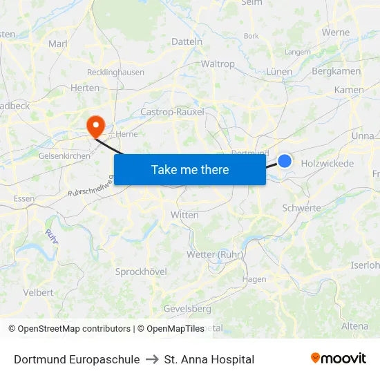 Dortmund Europaschule to St. Anna Hospital map