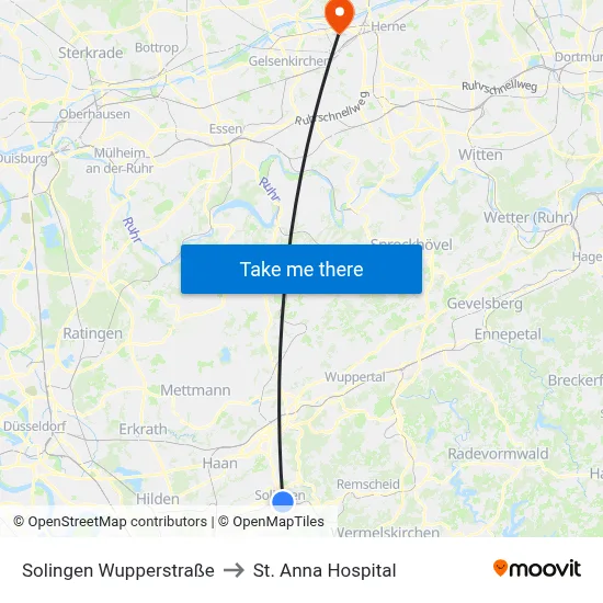 Solingen Wupperstraße to St. Anna Hospital map