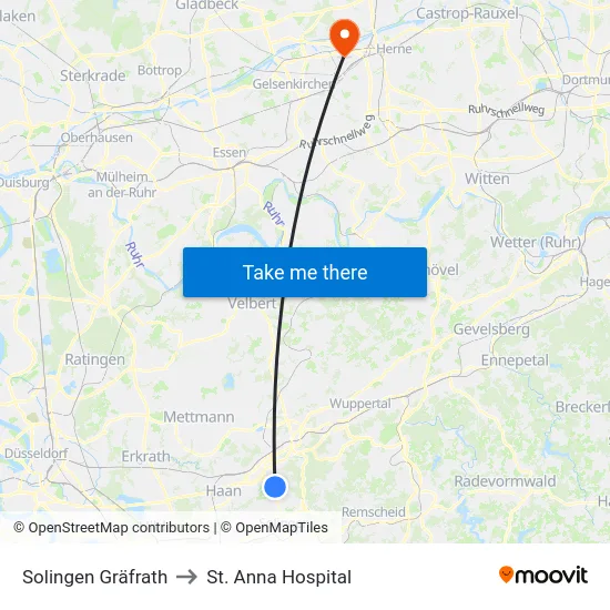 Solingen Gräfrath to St. Anna Hospital map