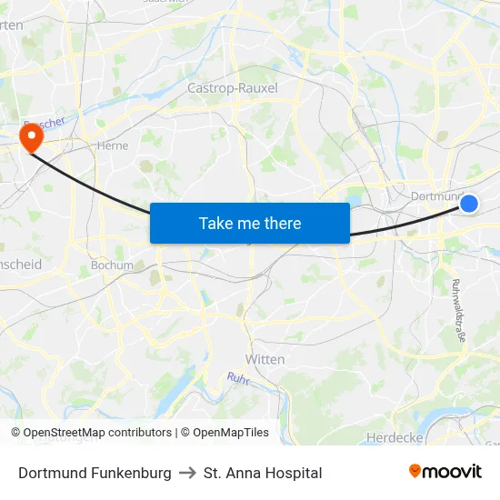 Dortmund Funkenburg to St. Anna Hospital map
