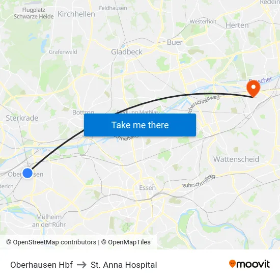 Oberhausen Hbf to St. Anna Hospital map
