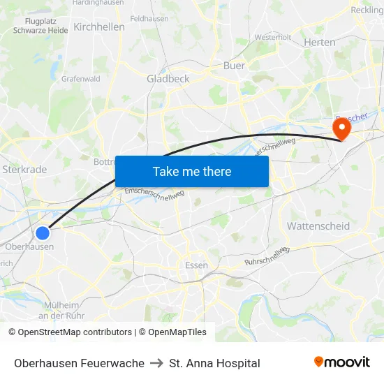 Oberhausen Feuerwache to St. Anna Hospital map